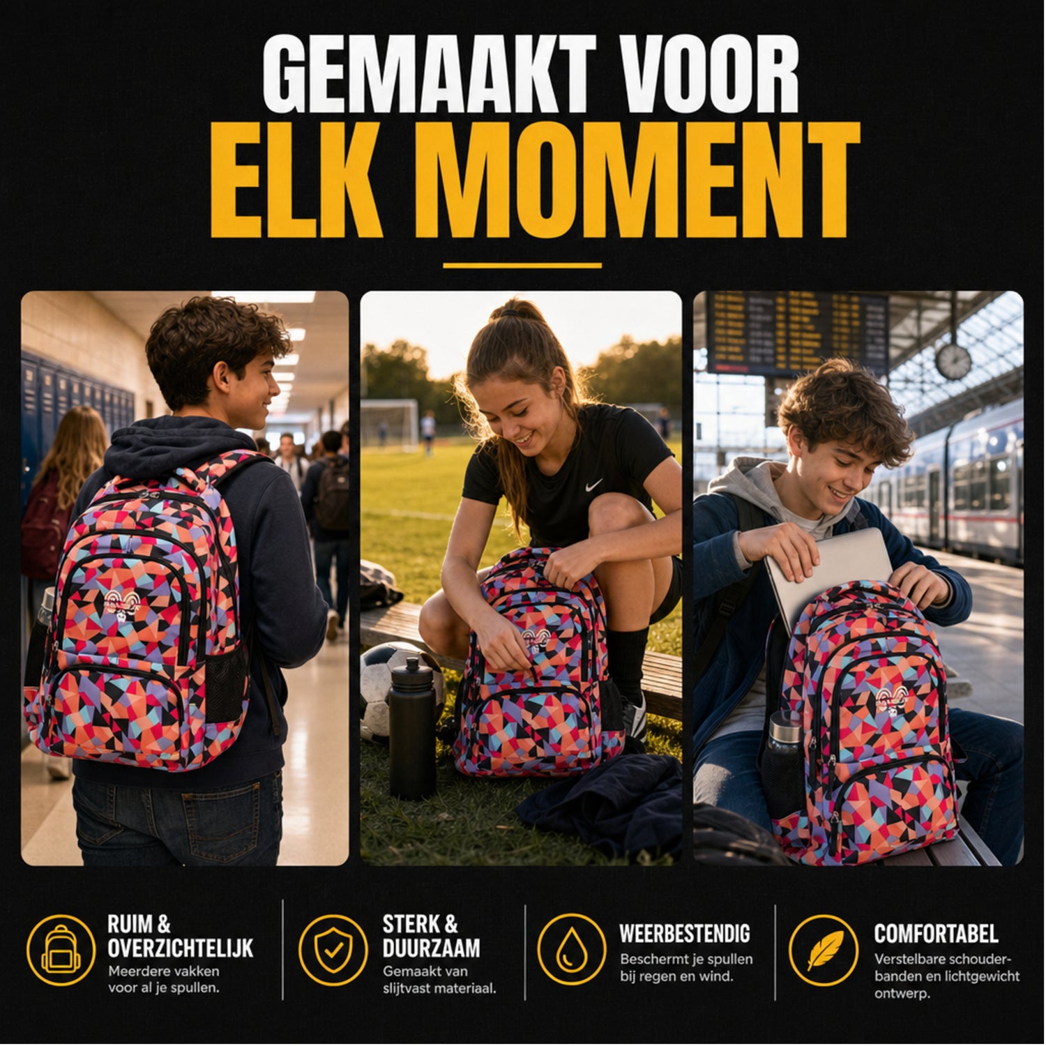 Schooltas Set Zwart Abstract 3-delig