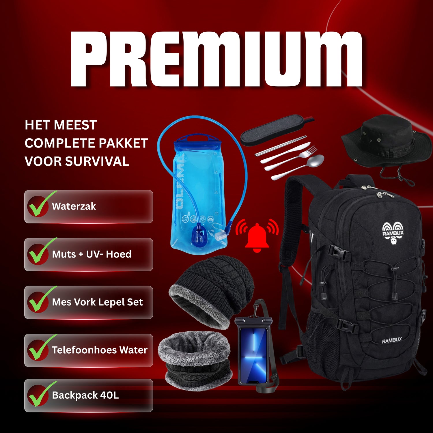 Backpack Outdoor - 40L Noodpakket met Waterzak & Telefoonhoes - PREMIUM
