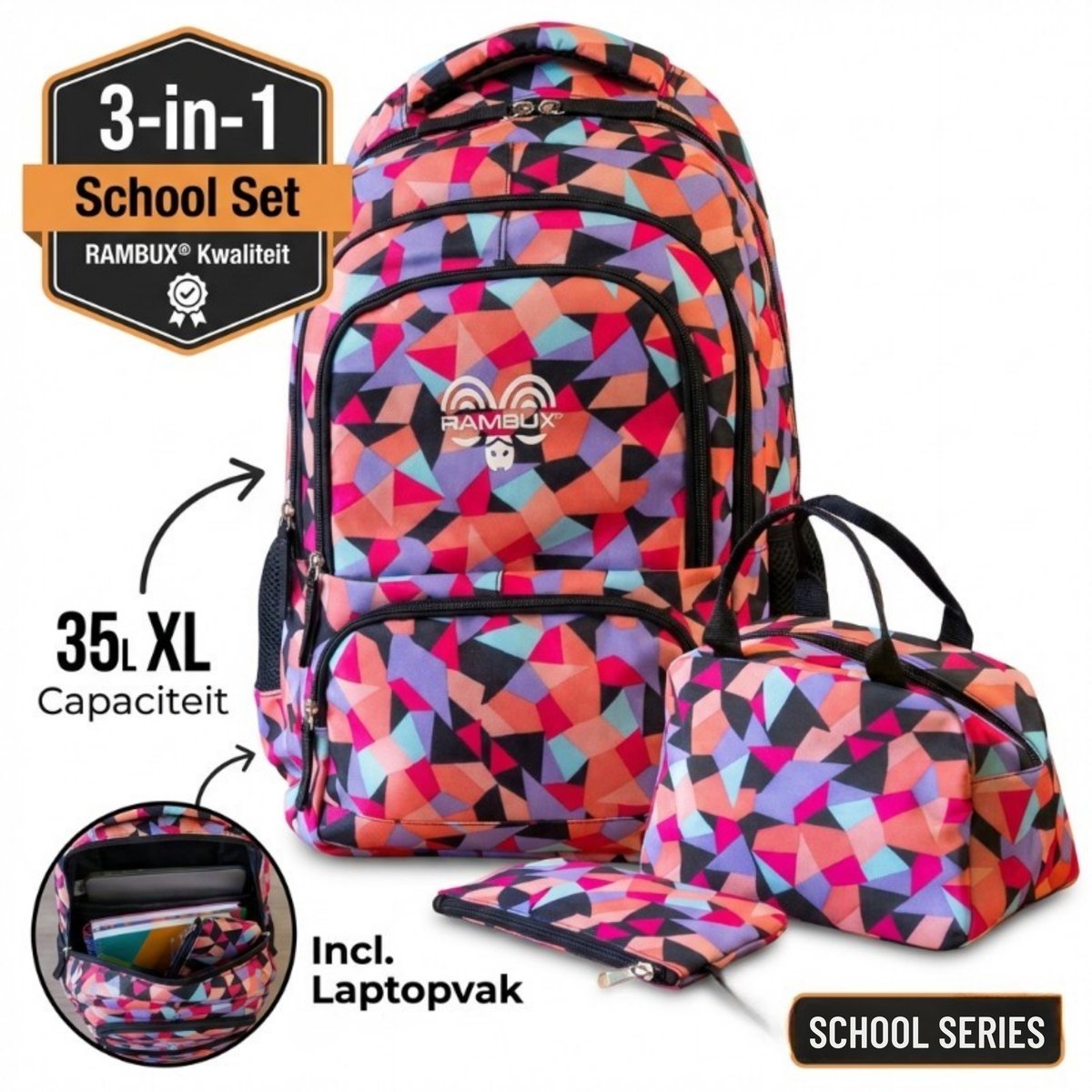 Schooltas Set Zwart Abstract 3-delig