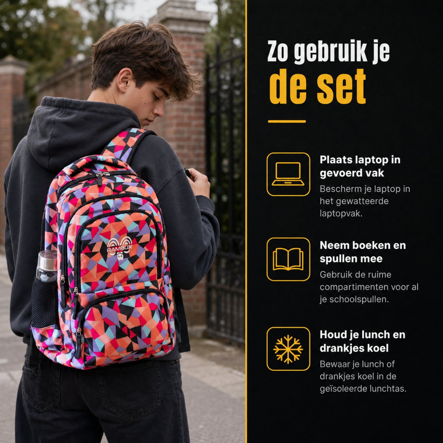 Schooltas Set Zwart Abstract 3-delig
